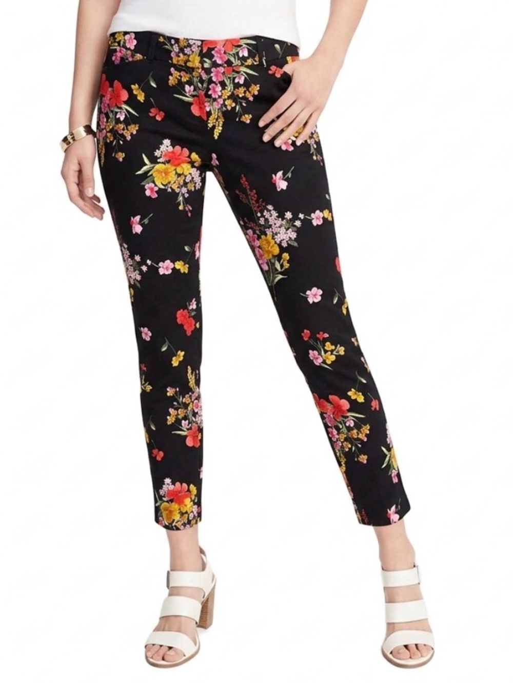 Old Navy Black Pixie Cropped Pants with Pink and Yellow Florals Size 12